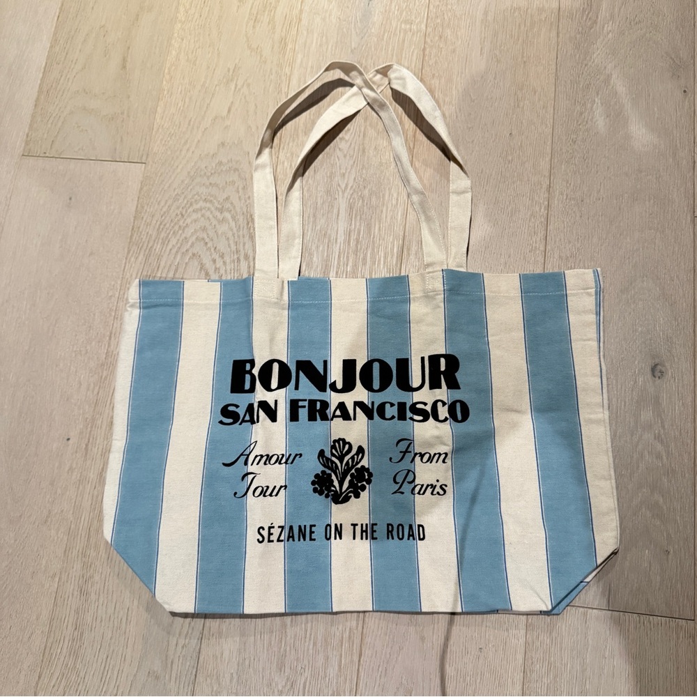 Sezane Blue and Cream Striped 'Bonjour San Francisco' Canvas Tote